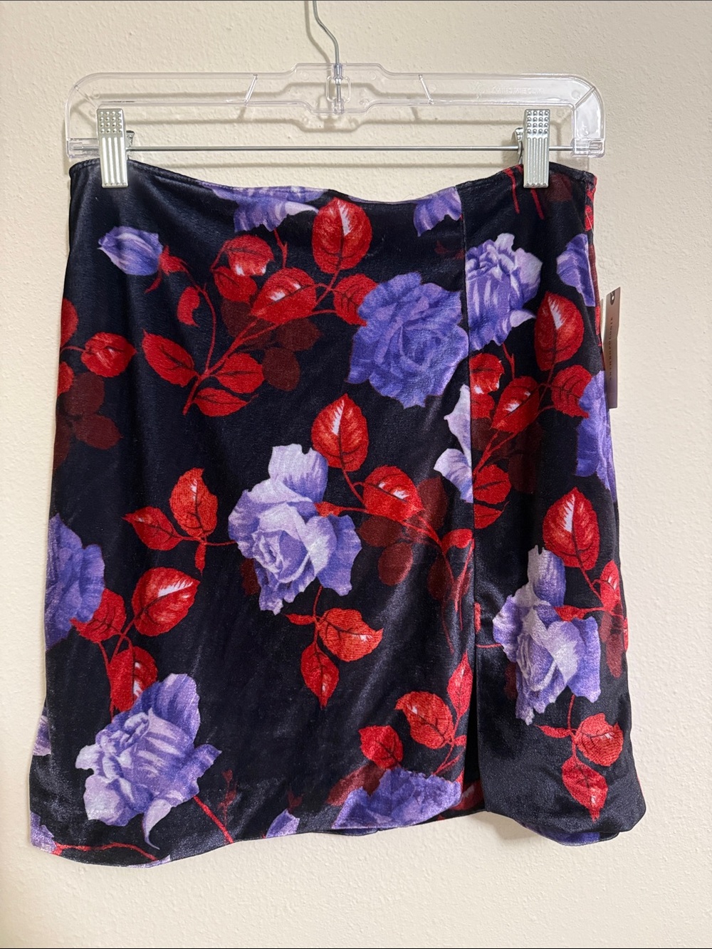 Anthropologie Black Mini Skirt with Red Leaves & Purple Roses